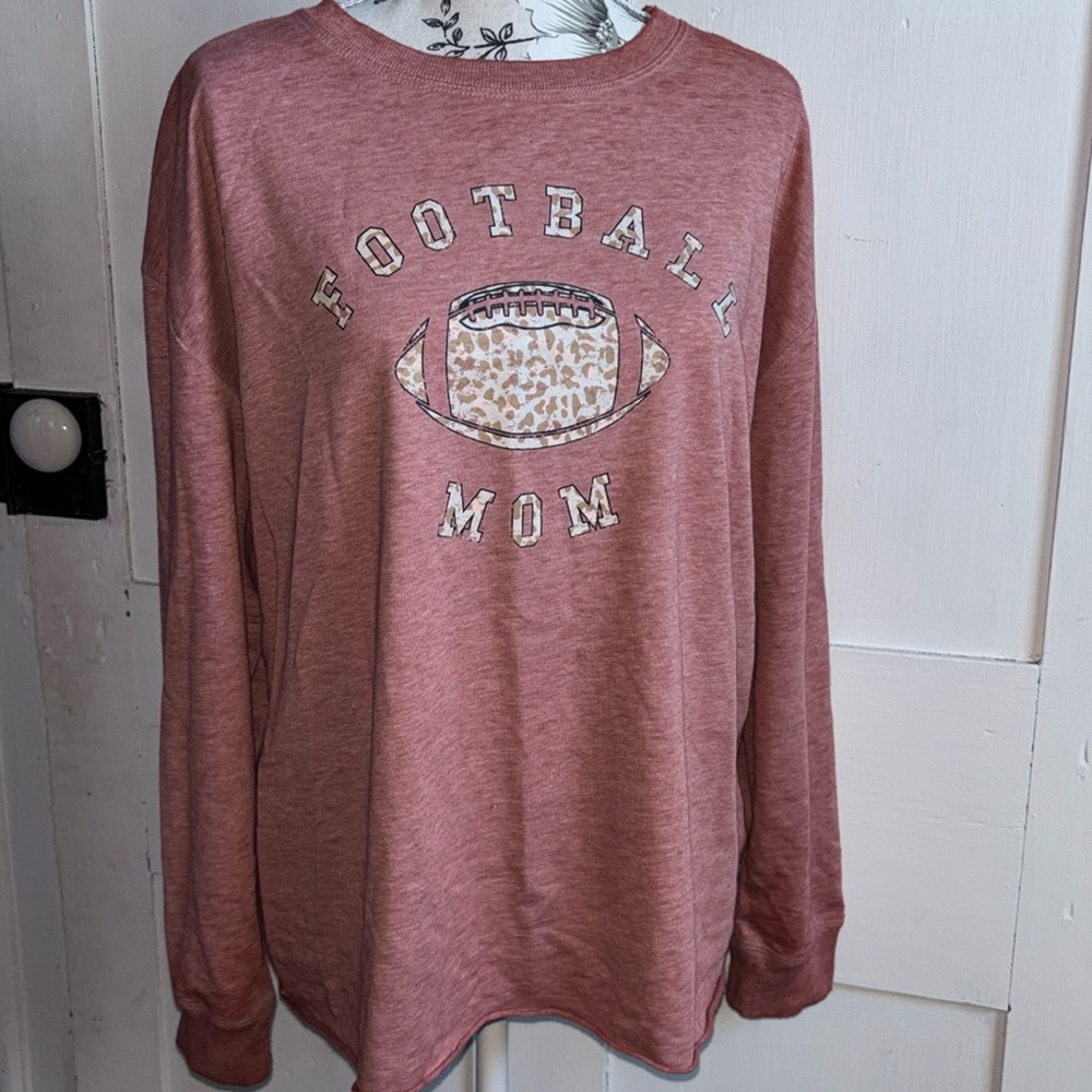 NWOT Football Mom T-shirt Long Sleeve Pink Tan Leopard Print Sporty Tee Size L